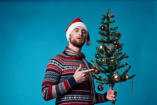 Emotional man in a christmas white mockup poster studio posing