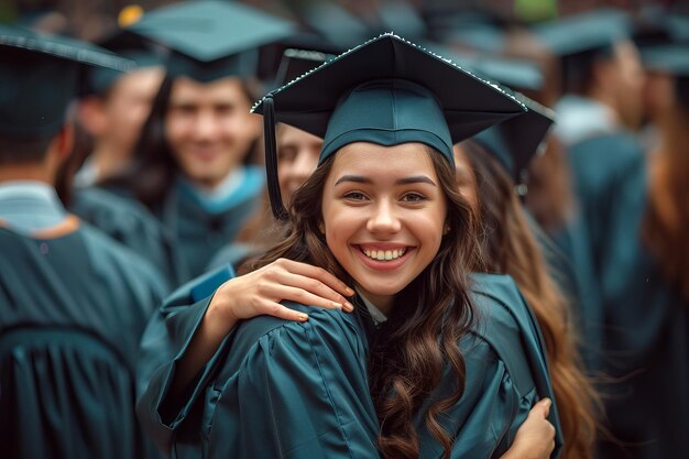 Emotional moments when graduates wearing gowns and caps hug one another after the ceremony