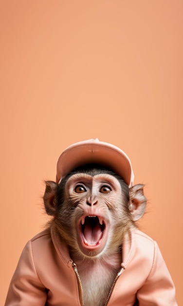 Emotional monkey screaming fashionable monkey wearing clothes