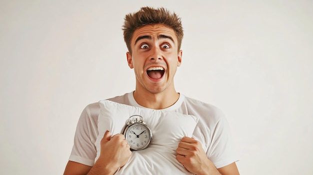 Photo emotional overslept man with alarm clock and pillow