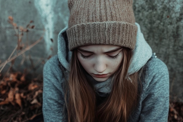 Photo emotional portrait of a teenager struggling with depression and isolation in a dark setting