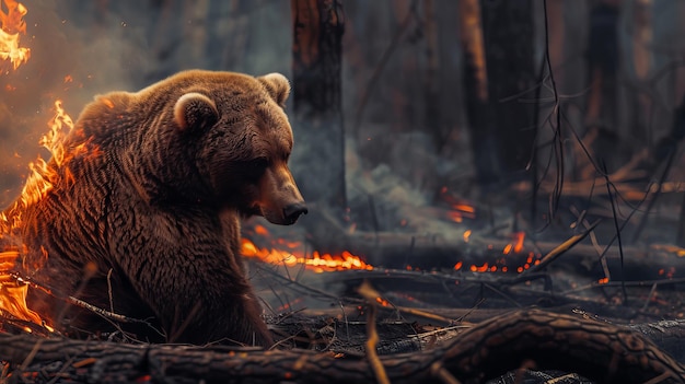 Emotional Sad Bear in fire Facing Burning Jungle