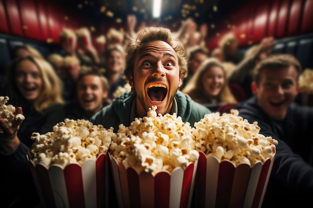 Emotionally aroused man with popcorn in a movie theater