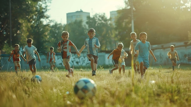 Emotionally playing boys 56 years old in childrens football match on a sunny day