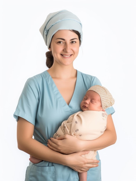 Emotions happy midwife standing with a newborn baby in her arms on a white background AI generated