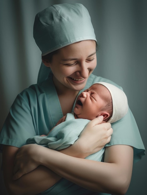 Emotions happy midwife with a newborn baby in her arms AI generated