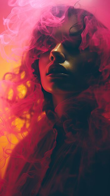 Emotive cinematic smoke woman portrait cine still image colorful