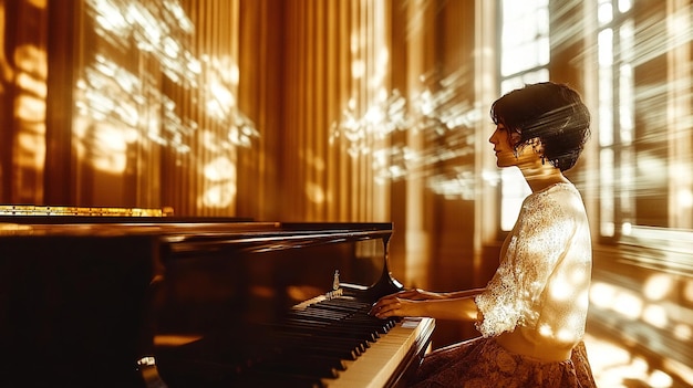 Photo emotive image of man playing piano in dimly lit room capturing musical passion