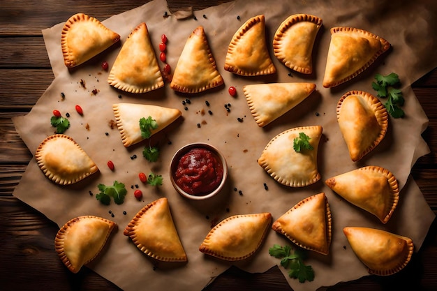 Empanadas composition flat lay with free space for copy brown paper background