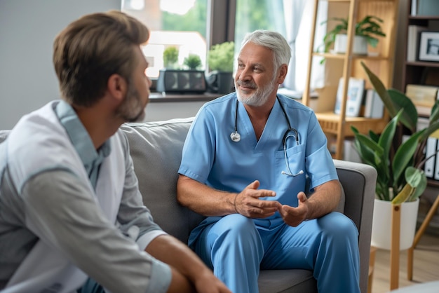 Empathetic Nurse Providing Comfort and Care During a Home Health Visit to an Elderly Man