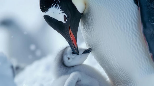 Photo emperor penguin feeding chick in antarctica