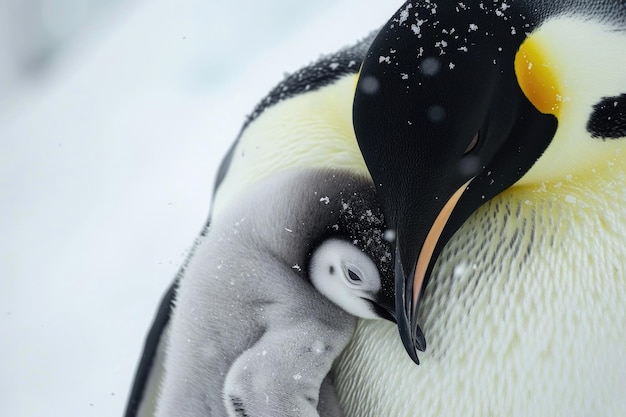 Photo an emperor penguin shelters her chick from the cold