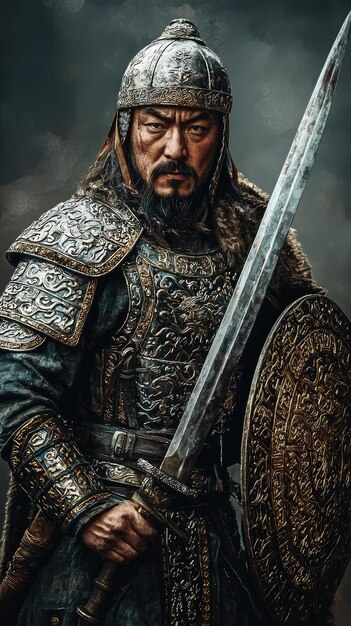 The Emperors Gaze A Portrait of Genghis Khan in Regal Armor