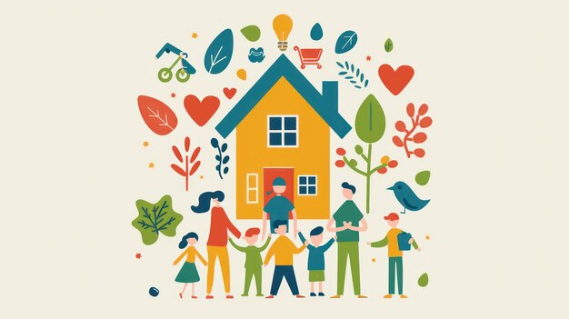 Photo emphasize community and home use symbols that represent family community and home life such as interlocking shapes or communal spaces