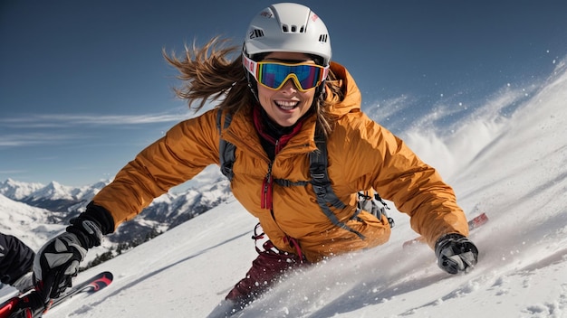 Emphasize the joy and freedom of skiing with a photo of an adult woman enjoying a fast descent on he