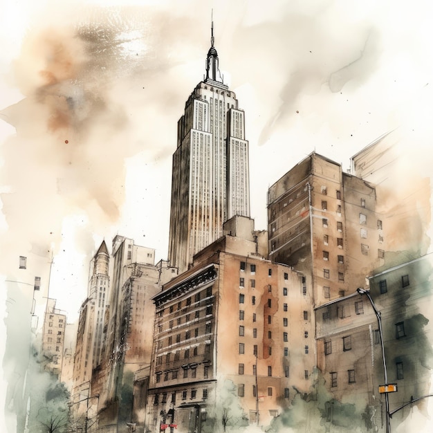 Empire State Building Sketch In Watercolor Illustration By Angel