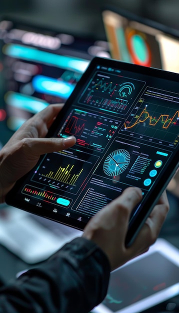 Employee Analyzing Compliance Module on Digital Tablet with Detailed Interactive Graphics