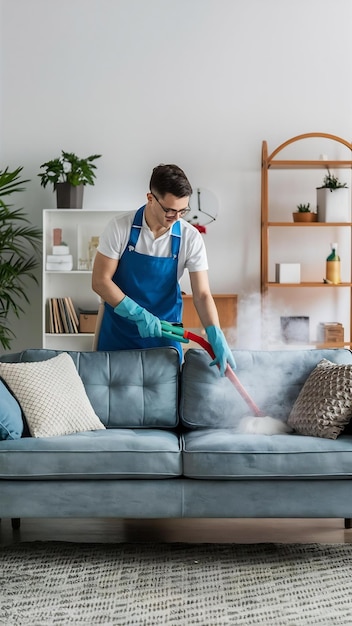 An employee of a cleaning company provides a chemical and steam cleaning service for the sofa