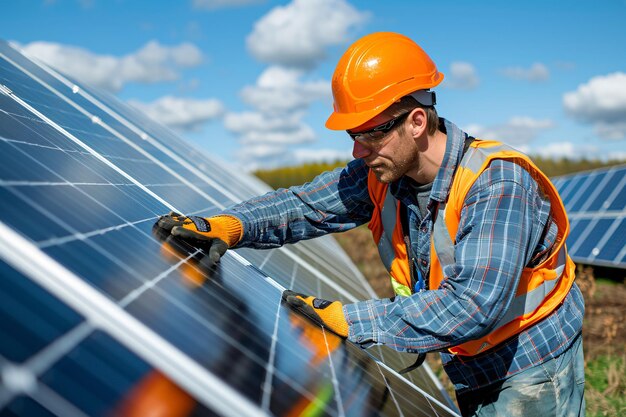 Employee installs photovoltaic panels on a solar energy site