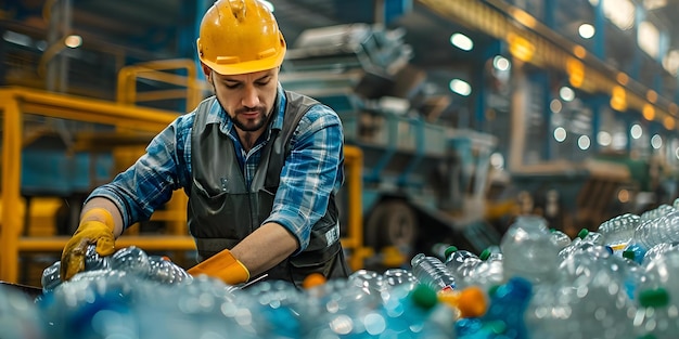 Employee shoveling plastic bottles at a recycling facility Concept Recycling Facility Environmental Impact Waste Management Sustainability Employee Responsibilities