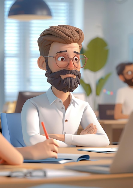 Employee sitting in meeting 3D animation cartoon render office setting