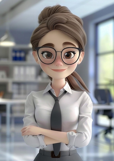 Employee smiling at camera 3D animation cartoon render office background