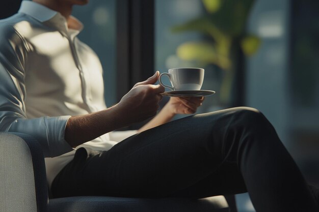 Photo employee taking a break with a coffee in hand