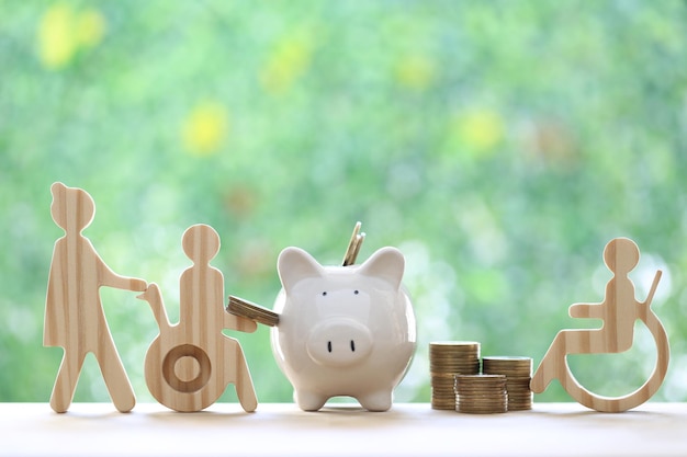 Employee volunteer assistant with man on wheelchair and piggy bank on natural green background