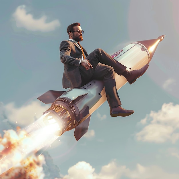 Employee wearing a suit riding a flying rocket concept for career path hero professionalism