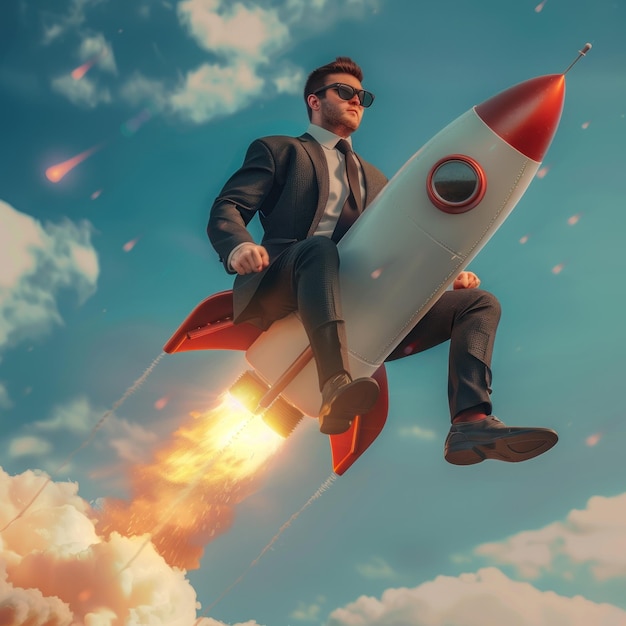 Employee wearing a suit riding a flying rocket concept for career path hero professionalism