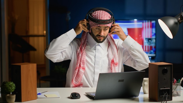 Employee with wireless headphones