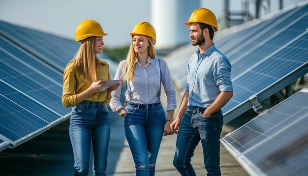 Photo employees of alternative power plant walking and talking about scheme of solar panels