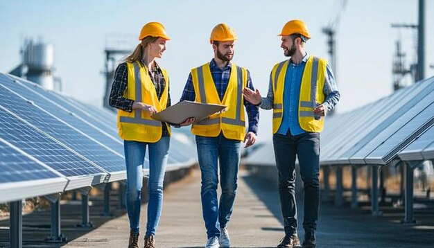 Photo employees of alternative power plant walking and talking about scheme of solar panels