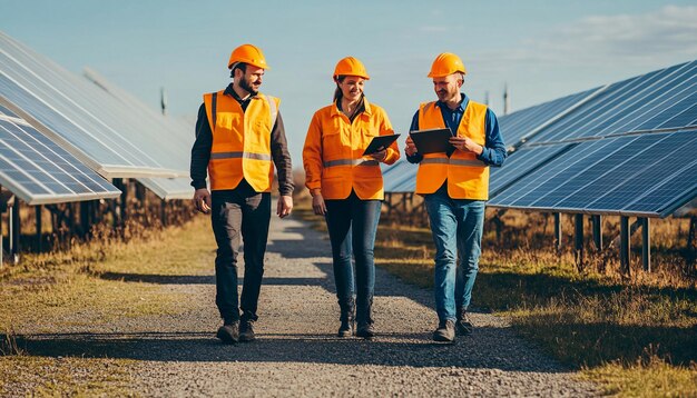 Photo employees of alternative power plant walking and talking about scheme of solar panels