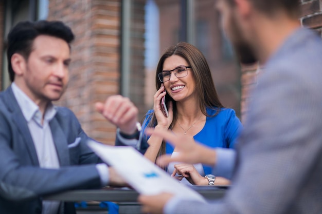 Employees of the company during a working break business concept