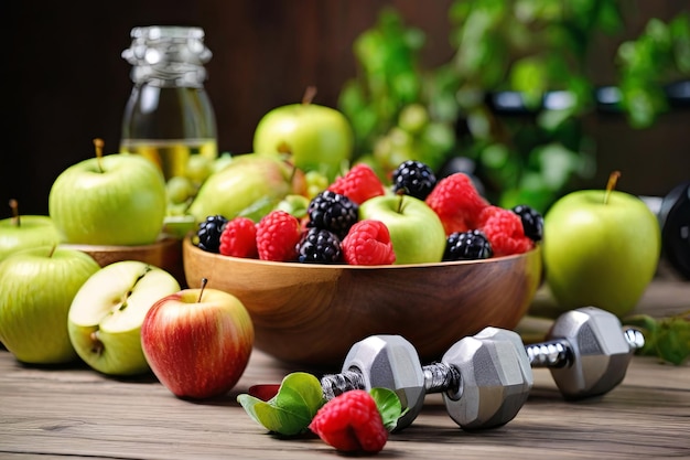 Empower your healthy lifestyle Vibrant image of a diet featuring a fresh fruit salad and dumbbells