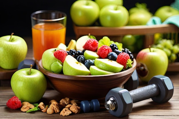 Empower your healthy lifestyle Vibrant image of a diet featuring a fresh fruit salad and dumbbells