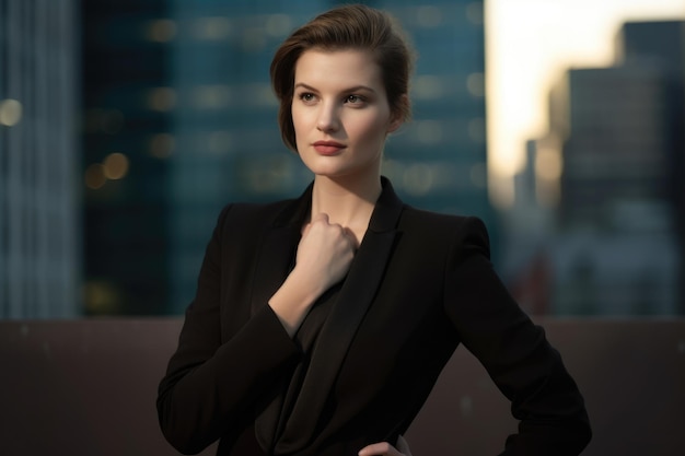 Empowered and confident portrait of a businesswoman in a sleek suit standing in front of a city