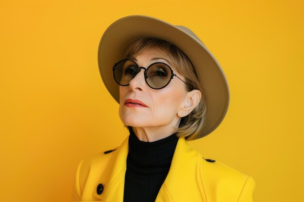 Empowered older woman in retro fashion poses confidently