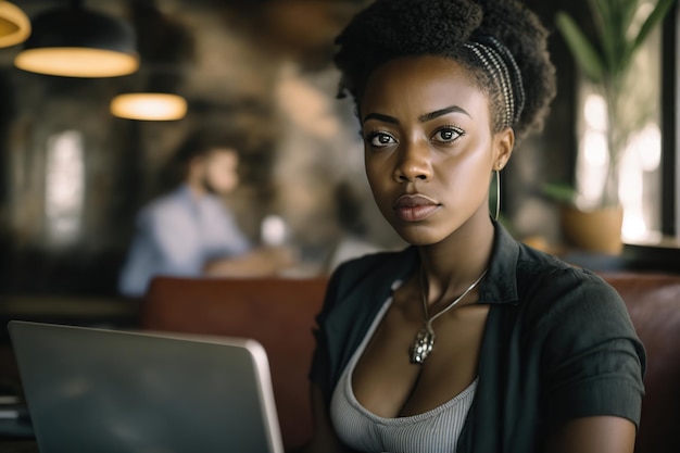 Empowered and Productive an African American Woman Working on her Laptop at a Cafe Bar Generative AI illustration