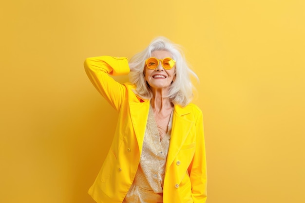 Photo empowered senior woman in stylish outfit against yellow backdrop