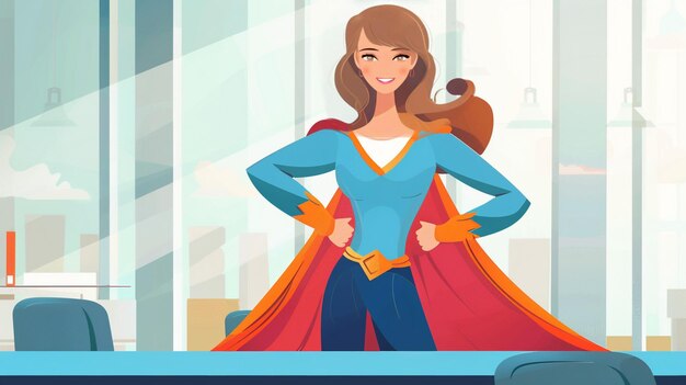 Empowered Superhero Businesswoman in Modern Office Environment