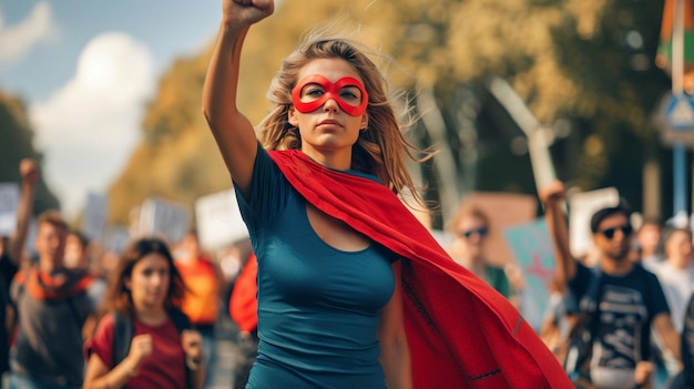 Empowered Woman Leading Protest for Social Change in Superhero Costume