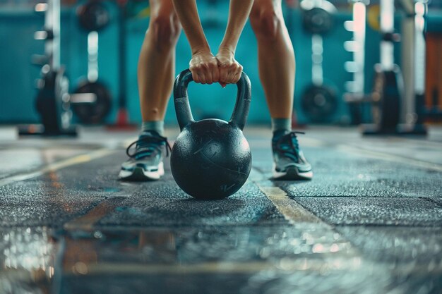 Photo empowered woman lifting weights in modern gym setting for fitness promotion