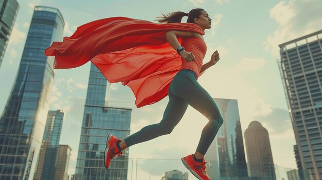 Empowered Woman Running with Red Cape Through Urban Skyline Fitness Motivation Superhero Concept