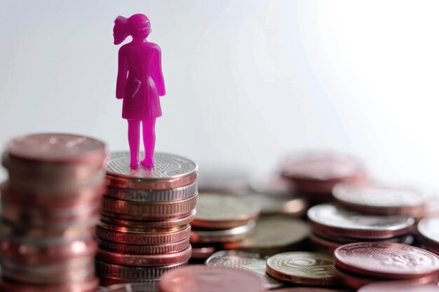 Photo empowered women climbing income ladder concept with pink figurine