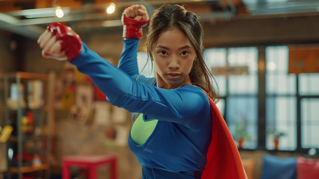 Empowered Young Woman in Superhero Costume Striking a Powerful Pose