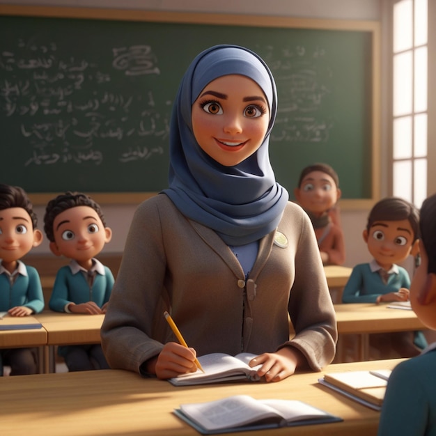 Photo empowering 3d muslim woman teacher wearing a hijab in a welcoming classroom setting