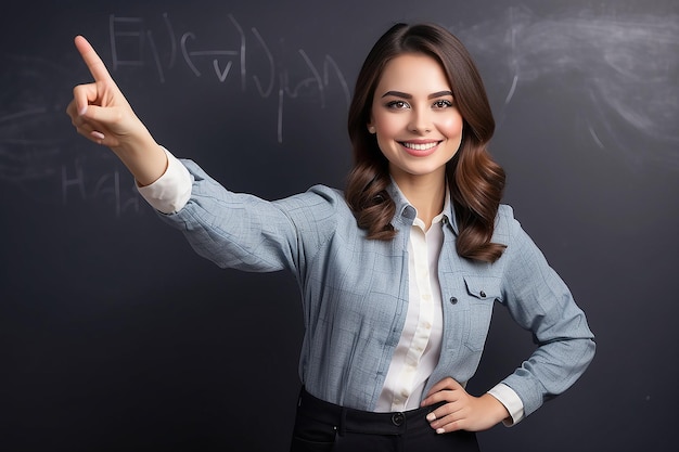 Photo empowering educators smiling young woman teacher inspiring learning and posing in dynamic gestures