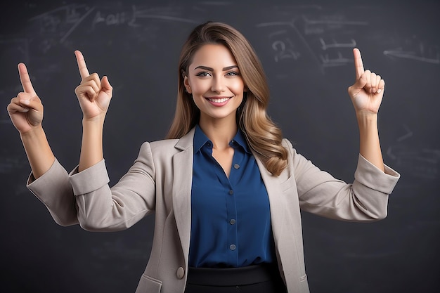 Photo empowering educators smiling young woman teacher inspiring learning and posing in dynamic gestures